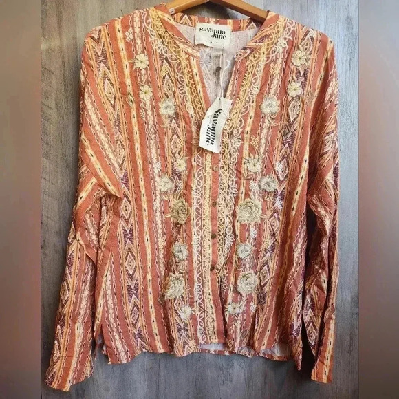 Savanna Jane NWT Boho The Wren Kat Split Neck Rust Stripe Embroidered SMALL - Picture 4 of 8